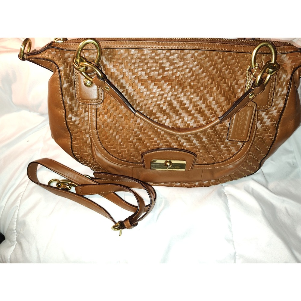 Womens Coach Kristin Woven Leather Hobo Medium Brown Good Crossbody F19312